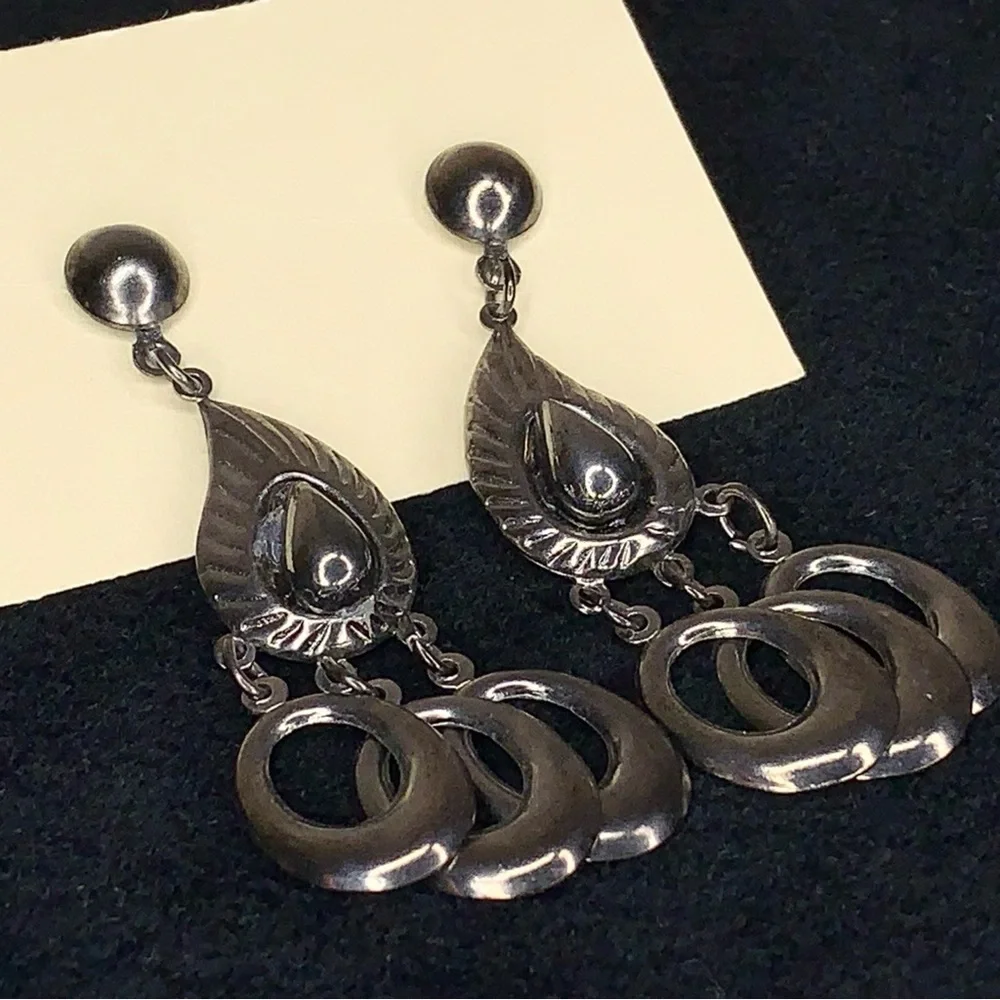 Vintage Rare Dark Silver Chrome Earrings Art Deco Dangle Chandelier Style Mod